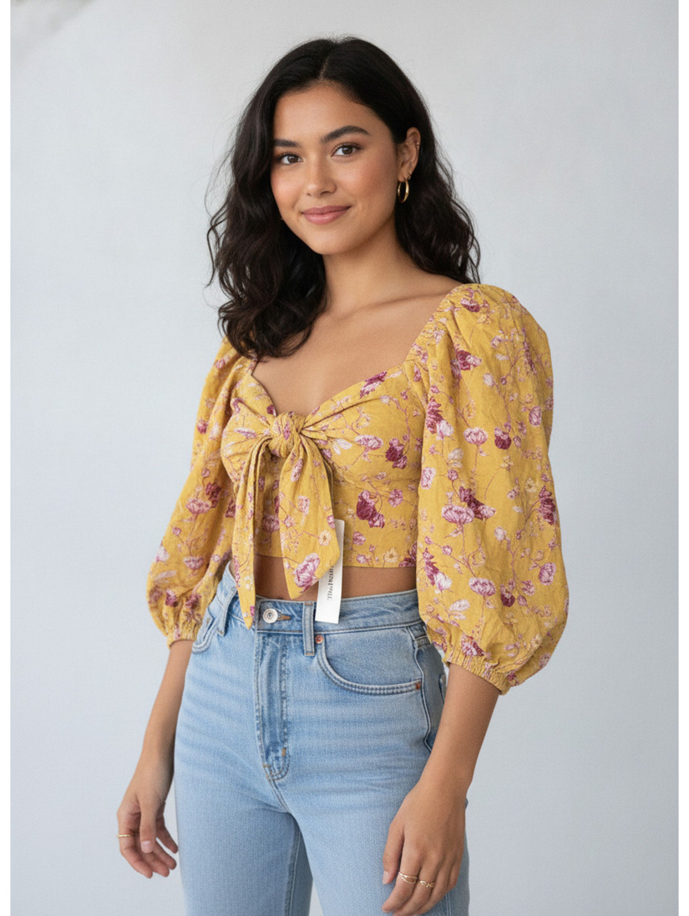 Free People Yellow Floral Puff Sleeve Tie Front Crop Top